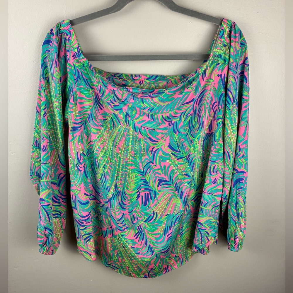 Lilly Pulitzer Adira Silk Off The Shoulder Top Medium Pink Sunset Coco Breeze - Picture 2 of 8